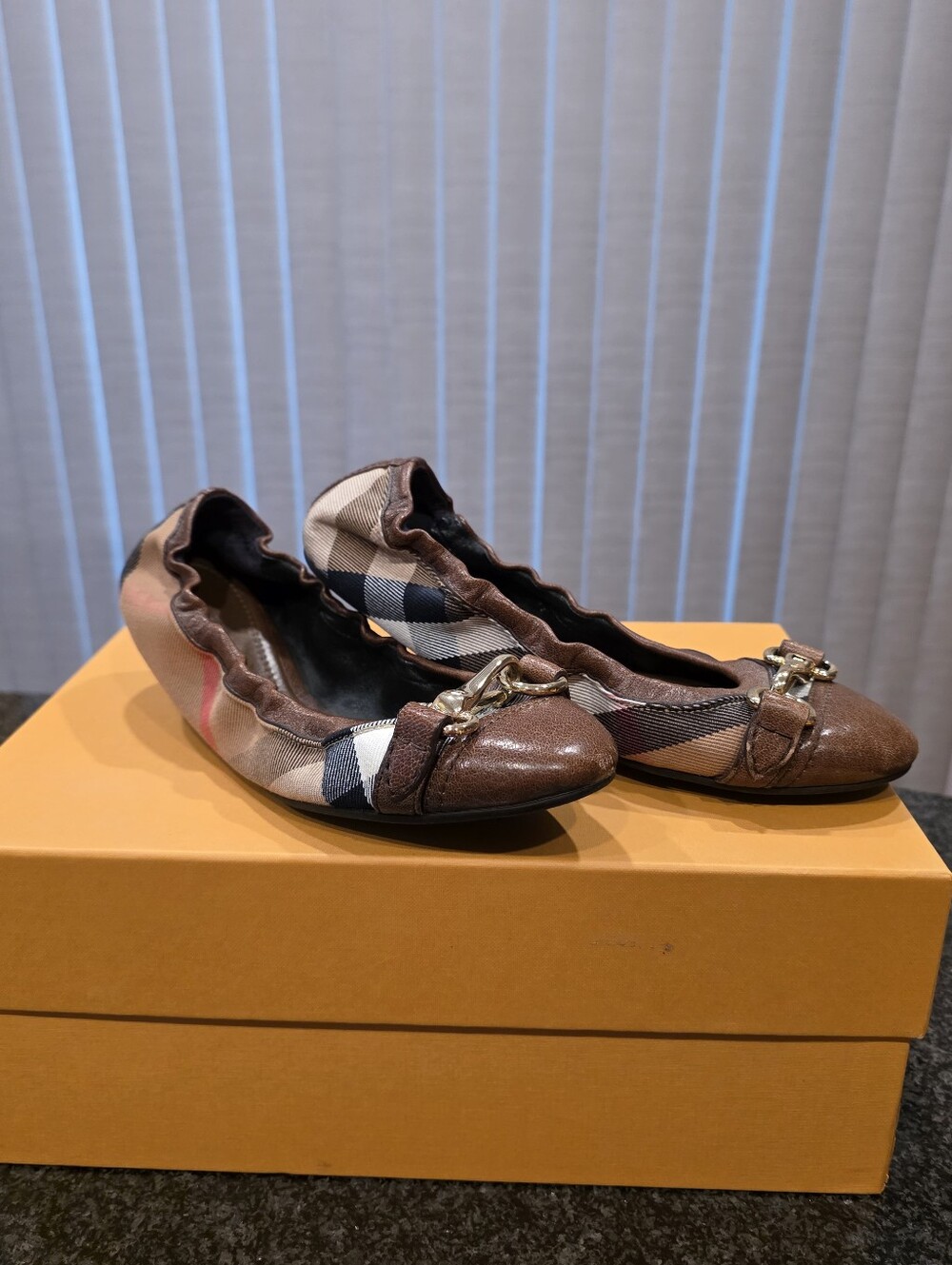 Classic Plaid Brown Burberry Leather Ballet Flats - Women
